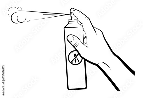 man holds an insect spray in his hand, presses with his index finger and sprayes an aerosol. Fight against parasites, chanitarny processing of rooms. Isolated vector on white background