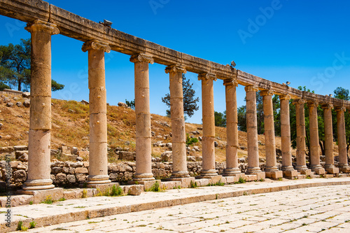 It's Colonnade on the Roman Oval Forum, Ancient Roman city of Gerasa, modern Jerash, Jordan