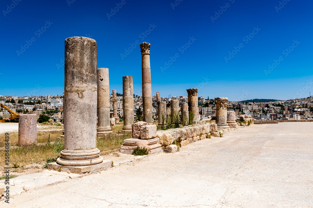 It's Columns near the Artemis Temple, Ancient Roman city of Gerasa of Antiquity , modern Jerash, Jordan