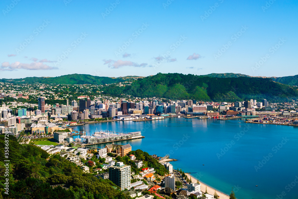 Wellington, New Zealand. Morning view of Wellington city buildings and harbour viewed from Mount Victoria. Wellington is the Capital of NZ. Wellington, New Zealand. Morning view of Wellington city buildings and harbour viewed from Mount Victoria. Wellington is the Capital of NZ.