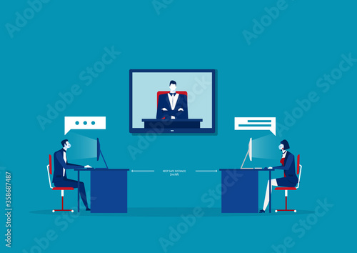 Business office people keep social distancing meeting conference room vector