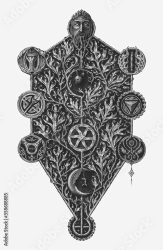 Kabbalistic tree of life. Engraving vector illustration. photo
