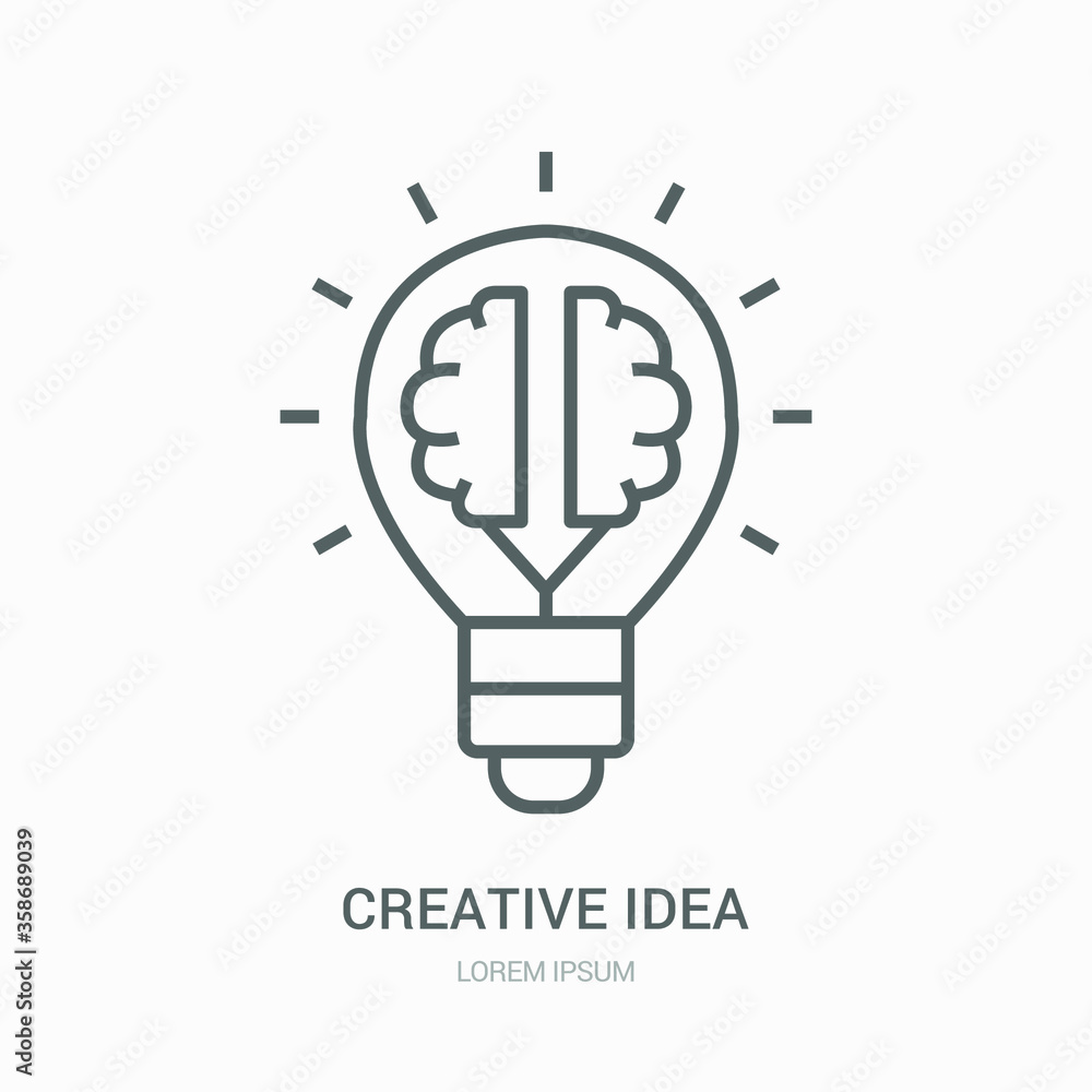 Creative idea flat line icon. Brain in lightbulb vector illustration. Thin sign of innovation, solution, education logo. Creative idea flat line icon. Brain in lightbulb vector illustration. Thin sign of innovation, solution, education logo.