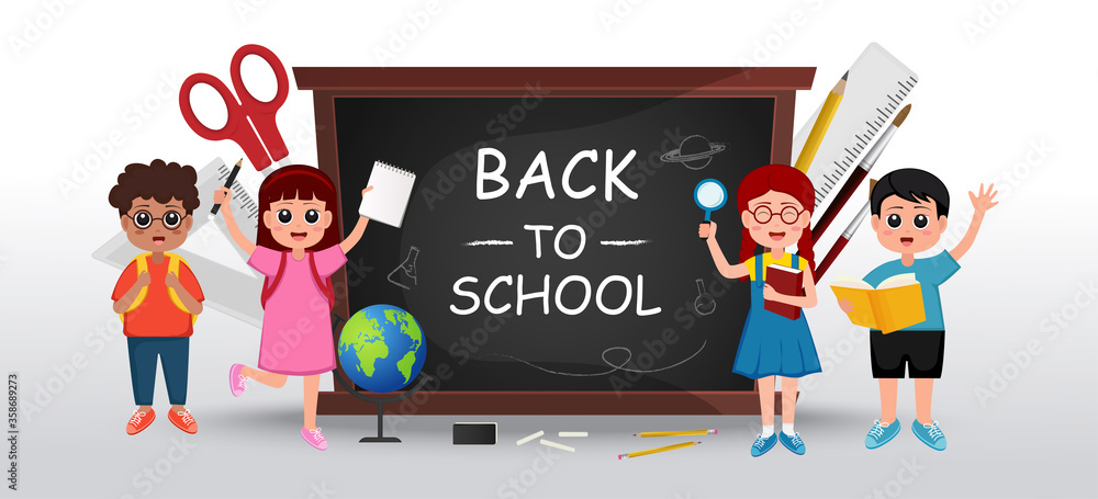 Back to school vector illustration with school kids, chalkboard, stationery, school items and elements Back to school vector illustration with school kids, chalkboard, stationery, school items and elements