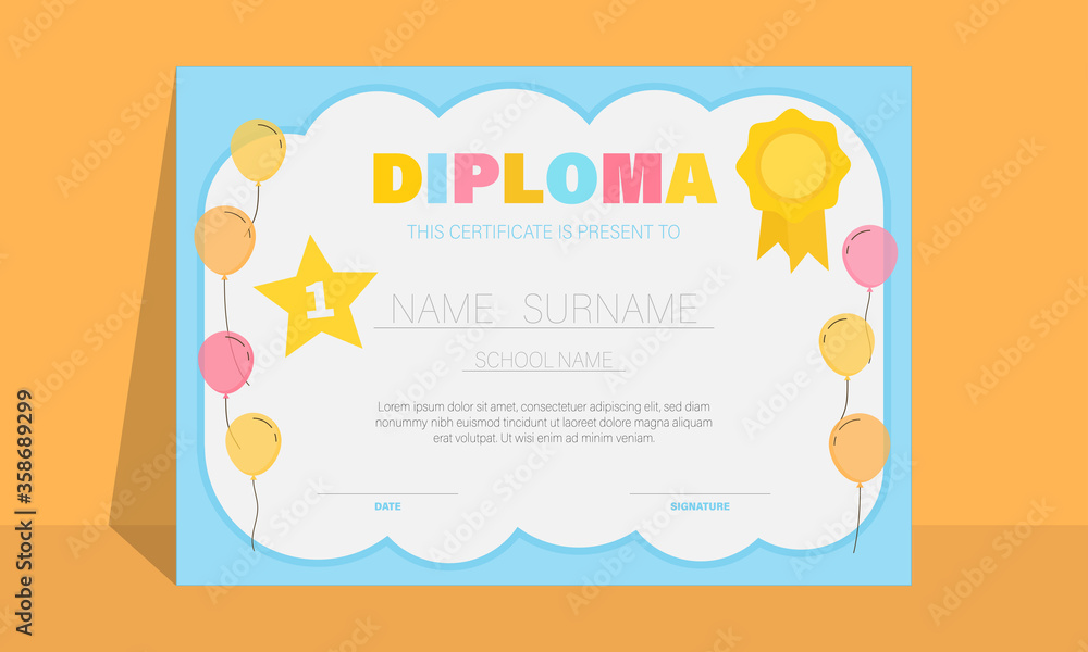 Certificate for kids with colourful balloons, kindergarten graduation certificates background