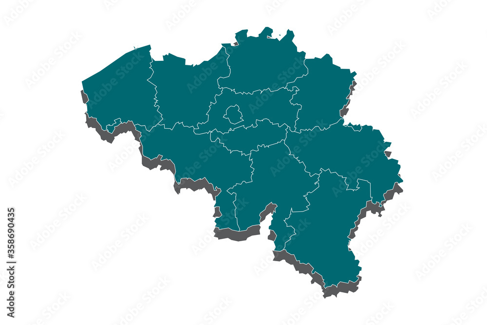 Highly detailed three dimensional map of Belgium with regions border.
