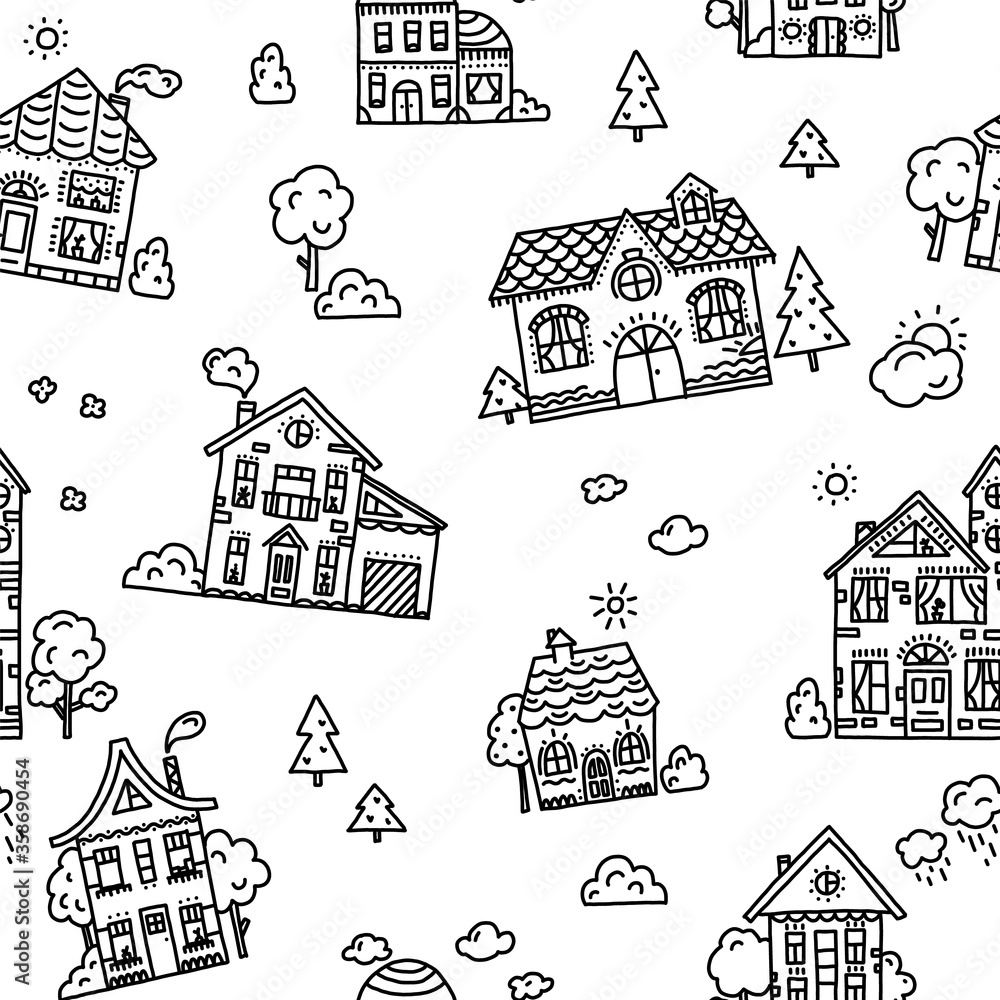 Seamless pattern with cute houses for fabrics, packaging and cards. Vector illustration