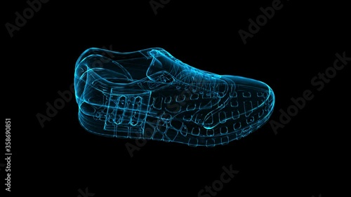 3D shoes hologram spinning on black background.