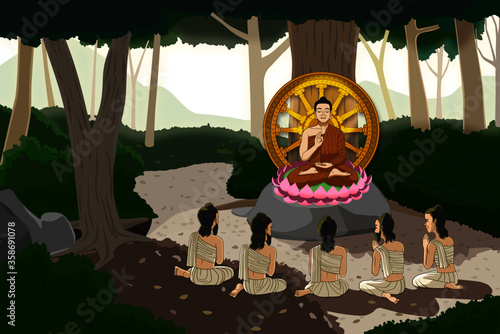 This picture is a story about a special day of  Buddhism that The Buddha propagated about "Do good, ignore evil and clean in the mind" to the first five disciples of the Buddha. That call AsalhaPuja