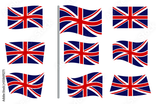 Great Britain flag icons. Vector images of the symbols of the United Kingdom. Set of flat wavy 3d illustrations of national emblems of England. Stock Photo.