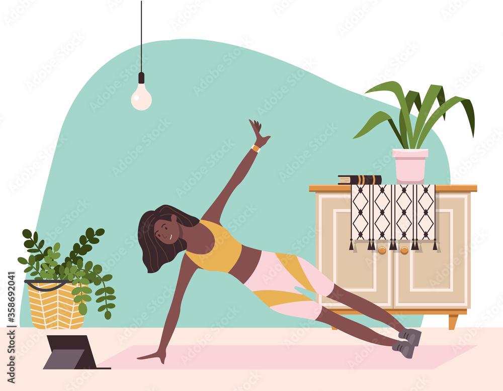 Fitness home. Girl go in for sports. Online training at home gym. Sport  internet fitness workout. Flat cartoon vector illustration. Stock Vector |  Adobe Stock
