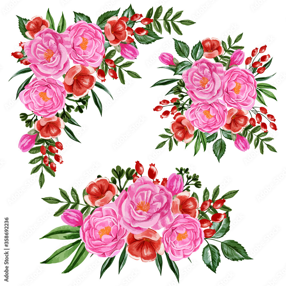 set of pink peonies and red flowers arrangement