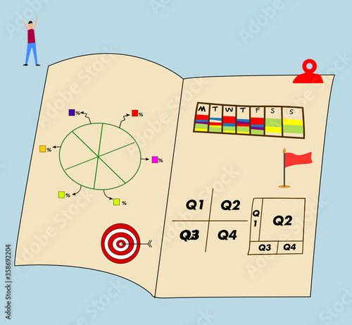 Business planning vector illustration. Cartoon calendar working day 
on Background Book.