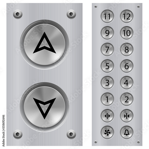 Elevator Buttons Panel and Call Buttons for Building Up and Down Each Floor with Arrow Symbol Displayed on Polished Stainless Steel. Isolated Illustration on White Background
