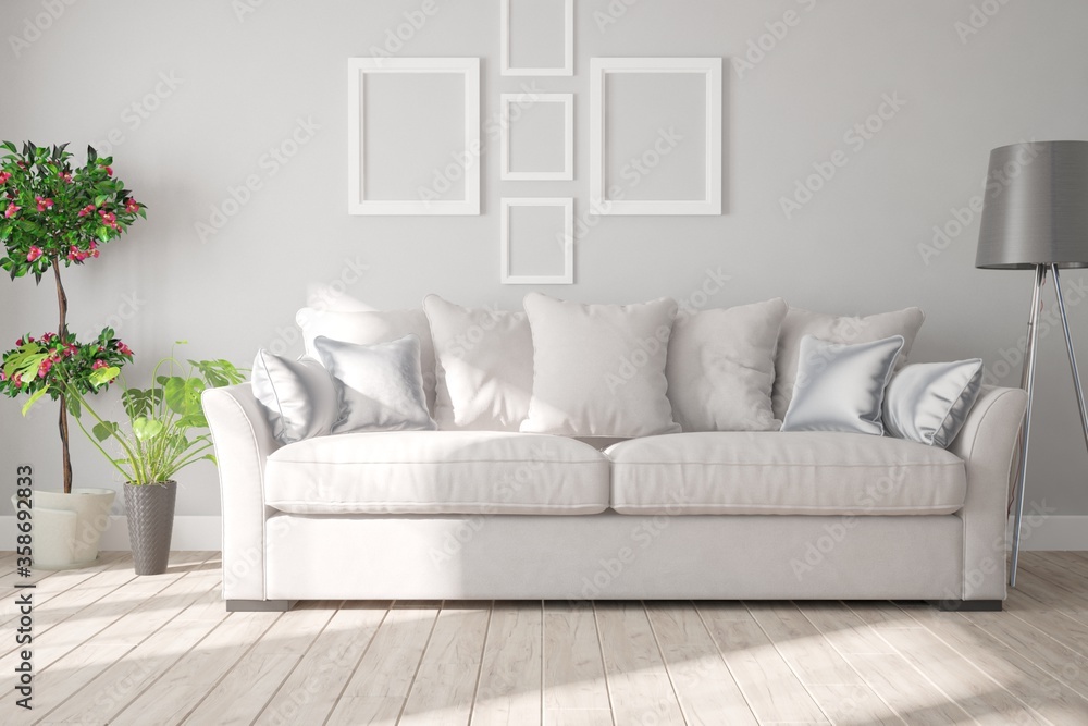 modern room with sofa,pillows,lamp,frames and plants interior design. 3D illustration modern room with sofa,pillows,lamp,frames and plants interior design. 3D illustration