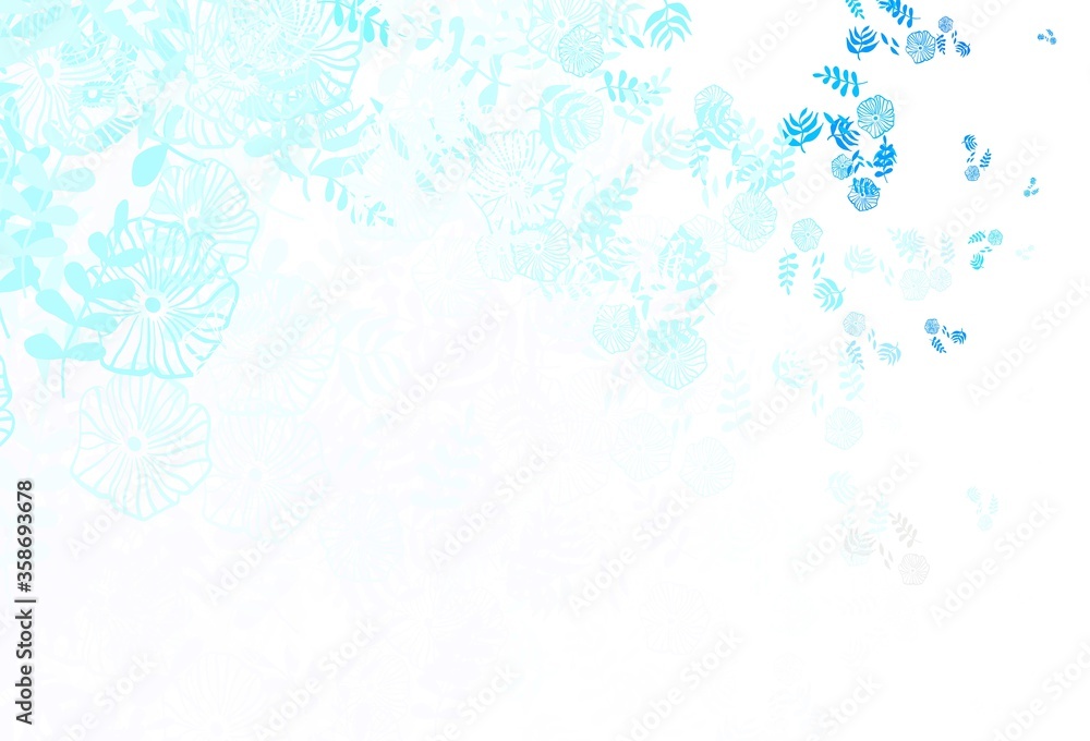 Light BLUE vector doodle template with leaves, flowers.