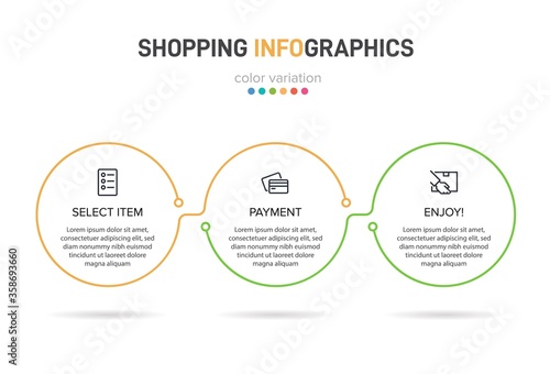 Concept of shopping process with 3 successive steps. Three colorful graphic elements. Timeline design for brochure, presentation, web site. Infographic design layout.