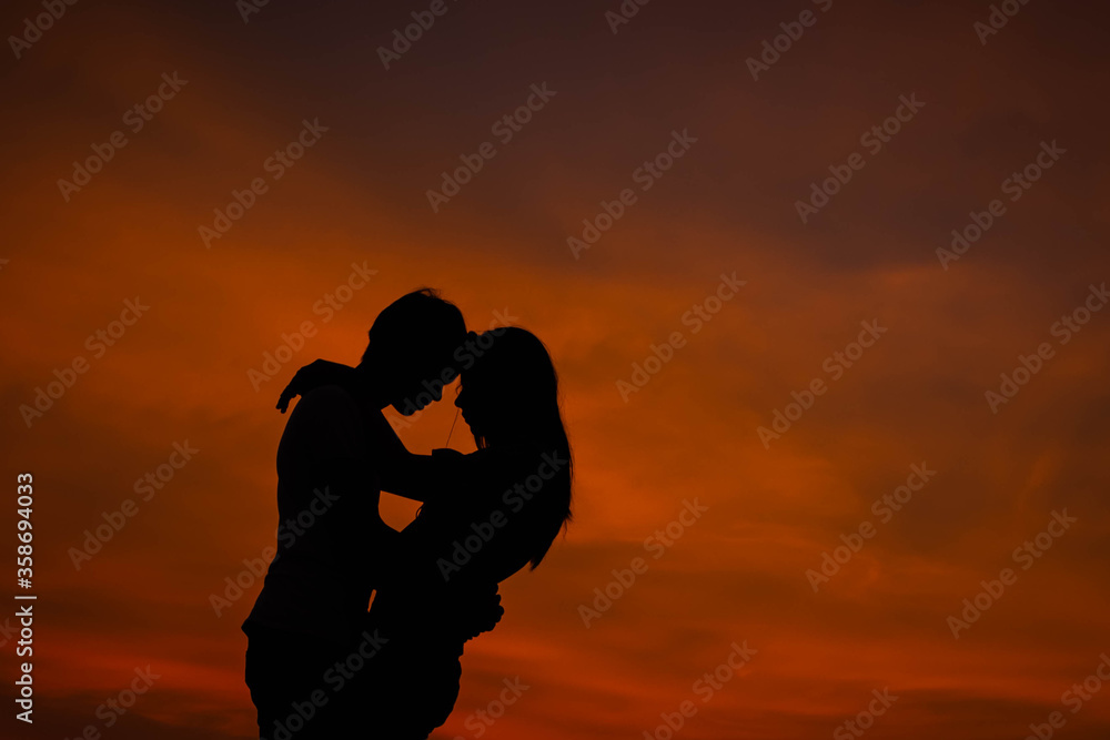 romantic couple lover silhouette hugging