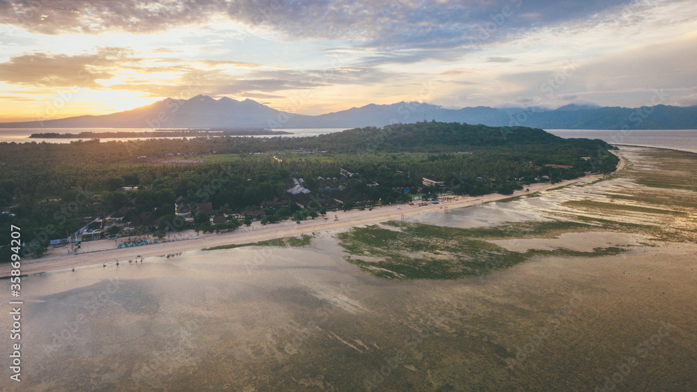 An aerial view of Gili Trawangan, Lombok, Indonesia with morning surise sunlight