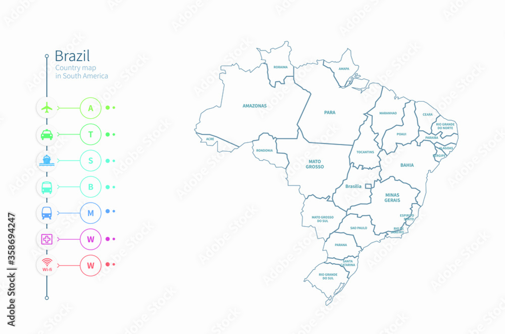 brazil map. detailed south america country map vector. 