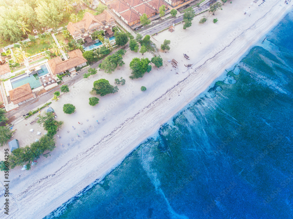 An aerial view of Gili Trawangan, Lombok, Indonesia with morning surise sunlight