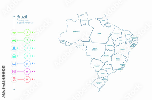 brazil map. detailed south america country map vector. 
