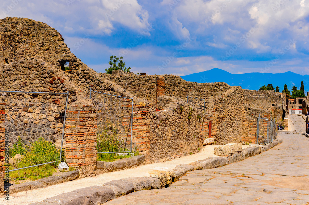 It's Destroyed architecture of Pompeii, an ancient Roman town destroyed by the volcano Vesuvius. UNESCO World Heritage site