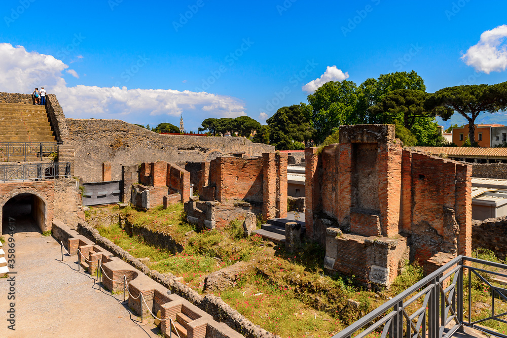 It's Destroyed architecture of Pompeii, an ancient Roman town destroyed by the volcano Vesuvius. UNESCO World Heritage site
