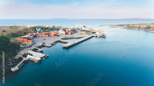 Aerial view of marine infrastructure in Badas Harbour, Sumbawa, Indonesia.