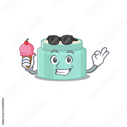 A cartoon drawing of lipbalm holding cone ice cream