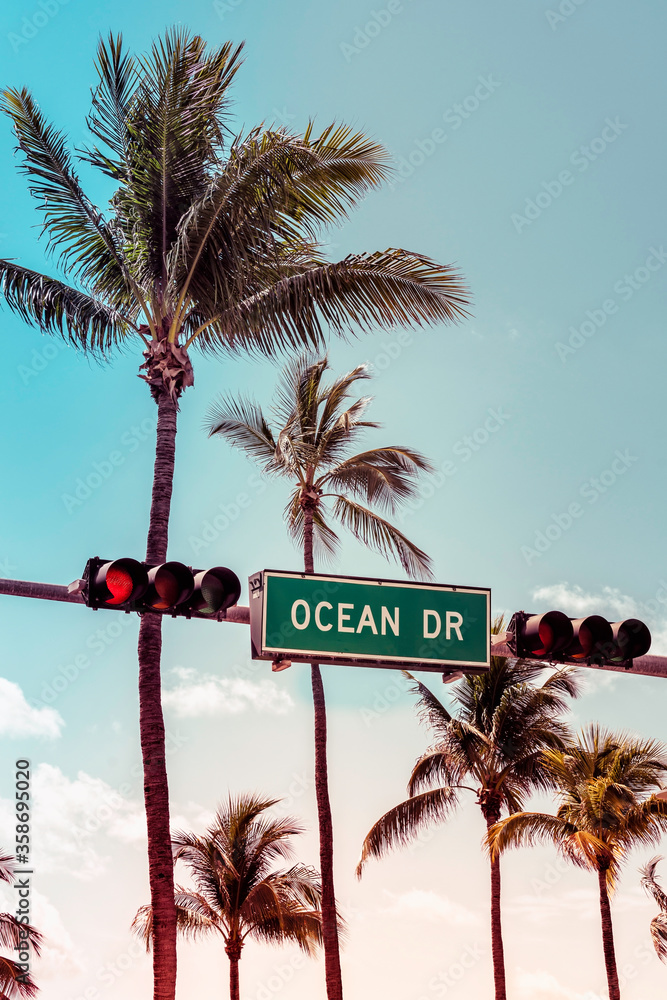 Ocean Drive sign with palm trees in background, Miami Beach Ocean Drive sign with palm trees in background, Miami Beach