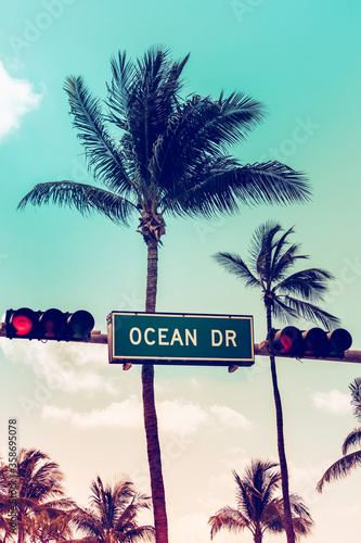 Ocean Drive sign with palm trees in background, Miami Beach © marchello74