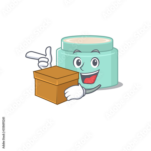 A cheerful lipbalm cartoon design concept having a box