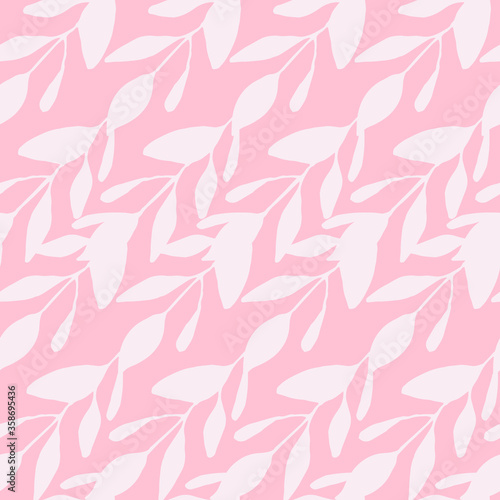 Vector seamless plant pattern with decorative leaves on a pink background.