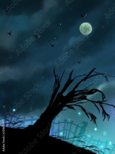 Scarily old grave and creepy moon in Halloween night 
