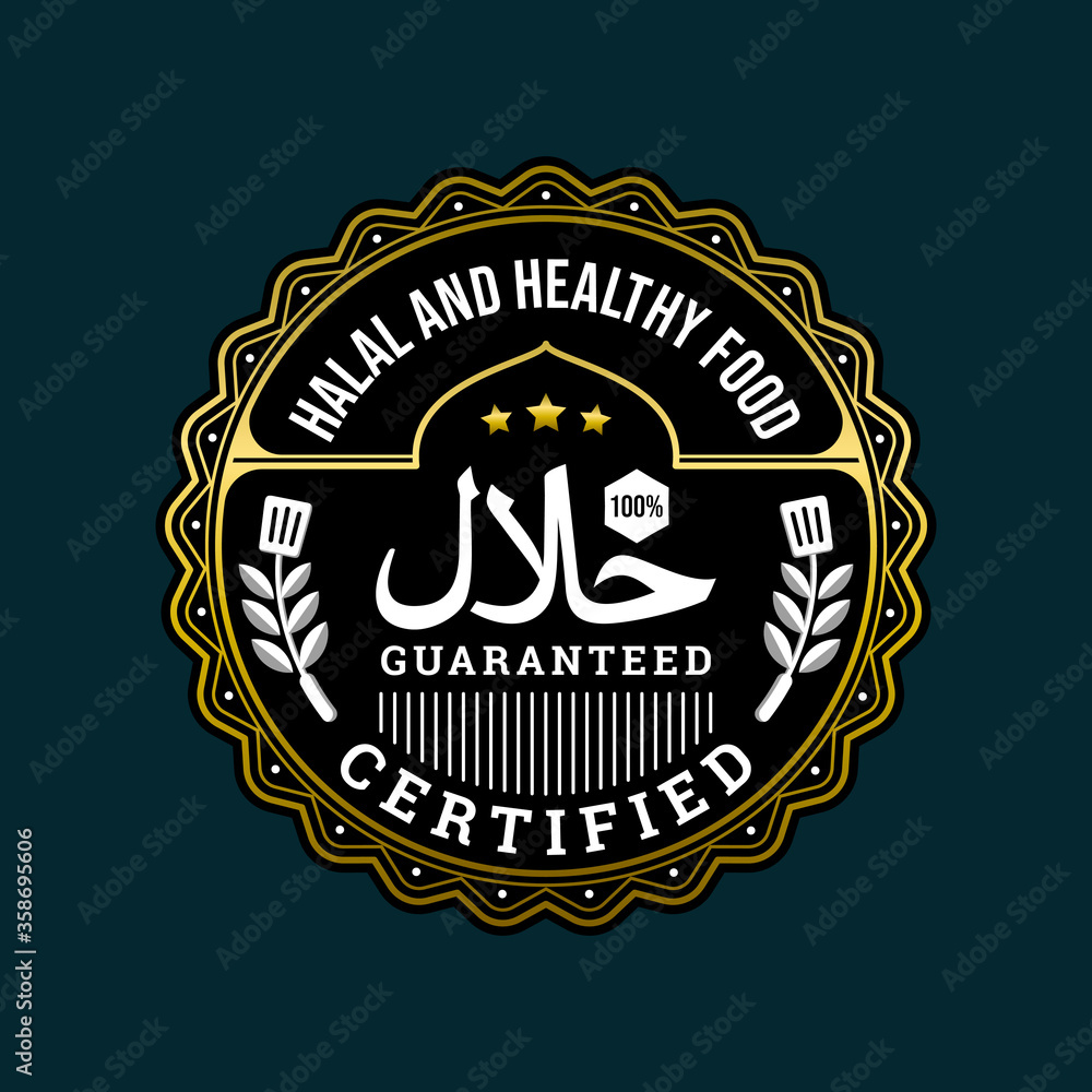 Fototapeta premium HALAL AND HEALTHY FOOD CERTIFIED BADGE LOGO VECTOR