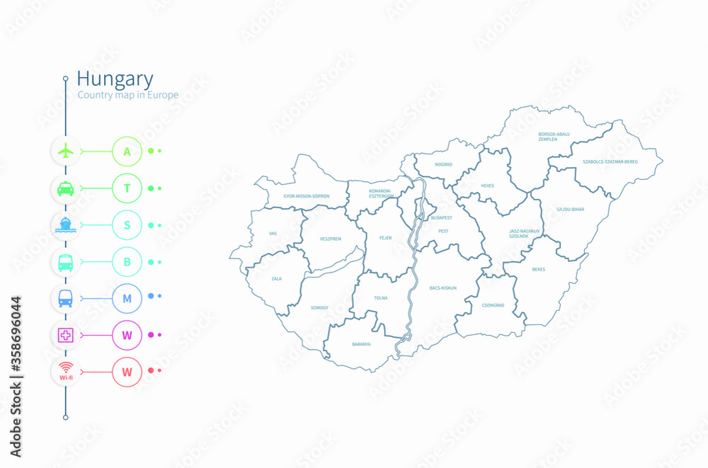 hungary map. detailed europe country map vector. 