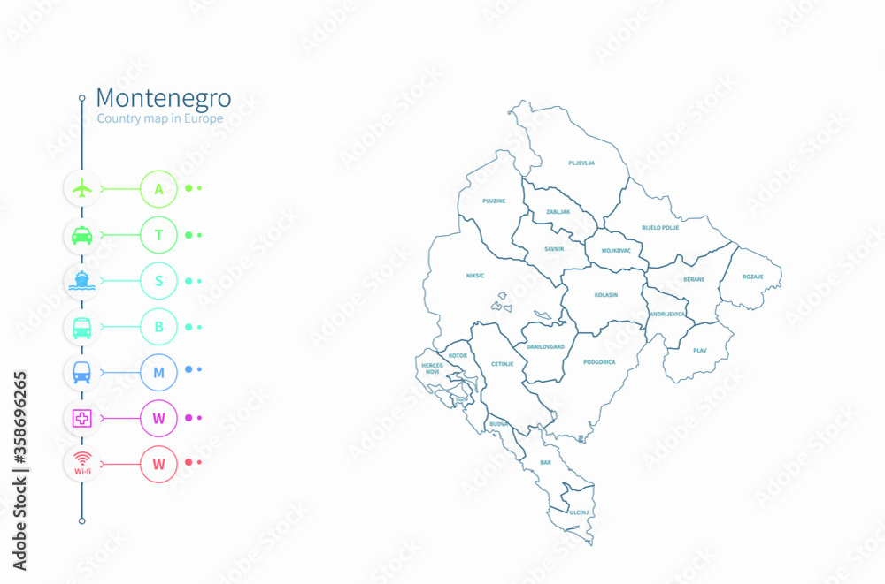 montenegro map. detailed europe country map vector. 
