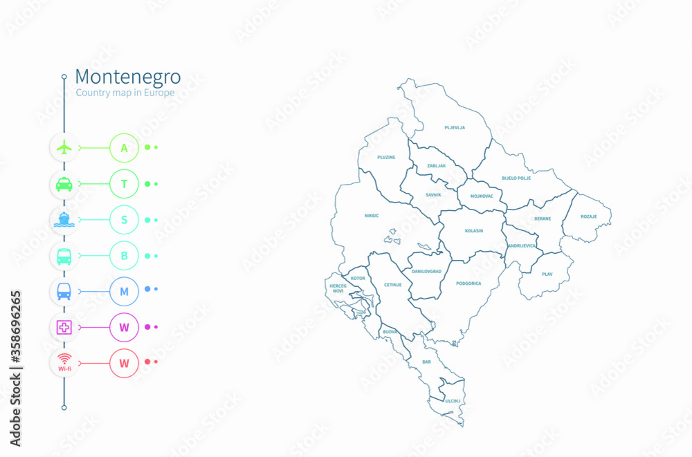 Fototapeta premium montenegro map. detailed europe country map vector.