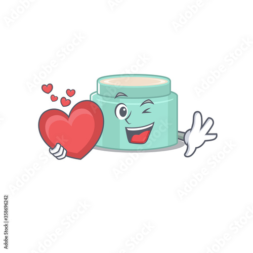 A sweet lipbalm cartoon character style holding a big heart