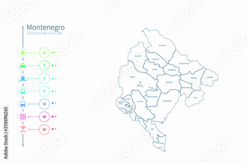 montenegro map. detailed europe country map vector. 