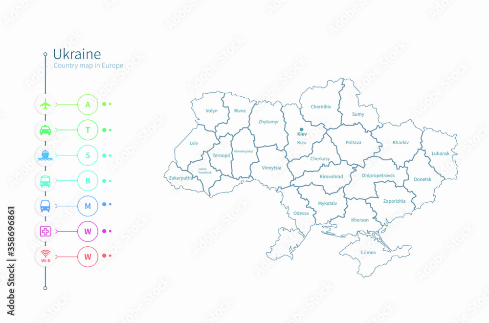 ukraine map. detailed europe country map vector. 