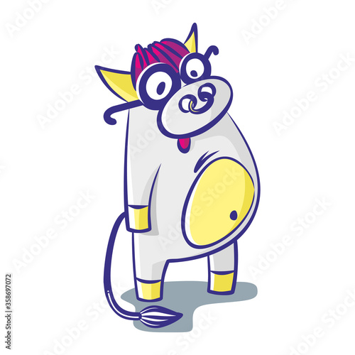 cartoon bull in round glasses  a nose ring. Isolate on a white background. Vector illustration