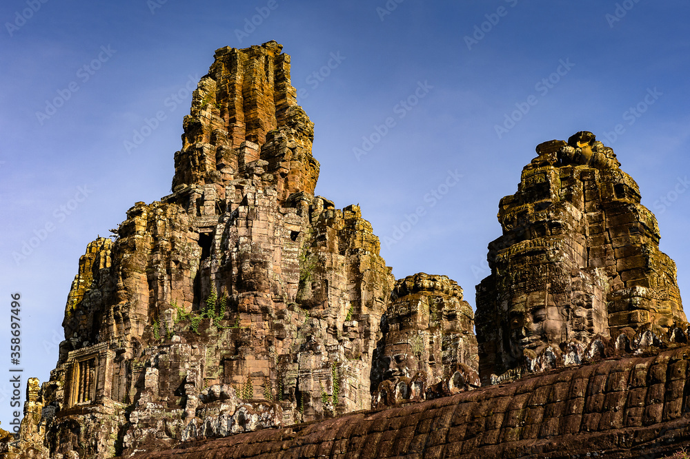 It's Bayon, Khmer temple at Angkor in Cambodia. Official state temple of the Mahayana Buddhist King Jayavarman VII It's Bayon, Khmer temple at Angkor in Cambodia. Official state temple of the Mahayana Buddhist King Jayavarman VII