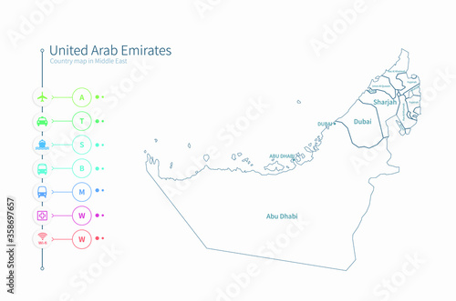 uae map. united arab emirates detailed middle east country map vector. 