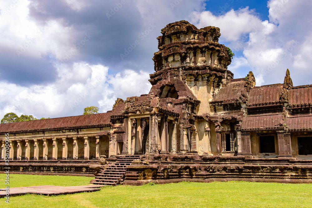 It's Angkor Wat (Temple City), a Buddhist, temple complex in Cambodia and the largest religious monument in the world. View from the garden