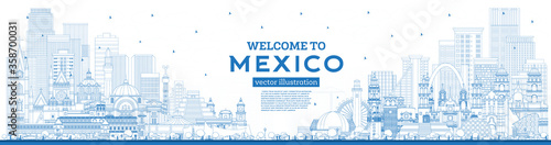 Outline Welcome to Mexico City Skyline with Blue Buildings.