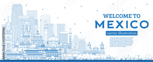 Outline Welcome to Mexico City Skyline with Blue Buildings.