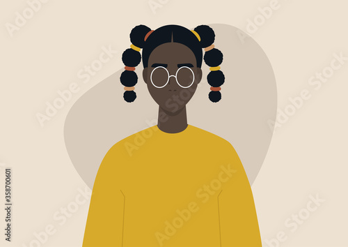 A young black female character wearing two braids, a teenage hairstyle