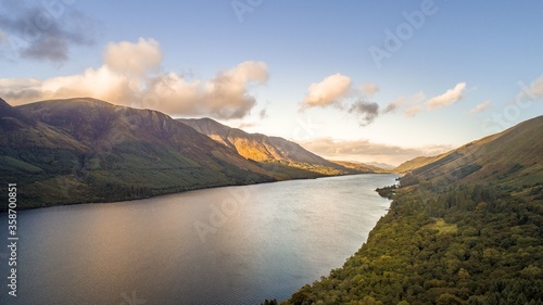 Aerial shot of Loch Ness lake in Scotland captured by a drone photo